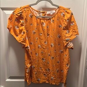 LOFT Orange Puff Sleeve Ruffled Blouse